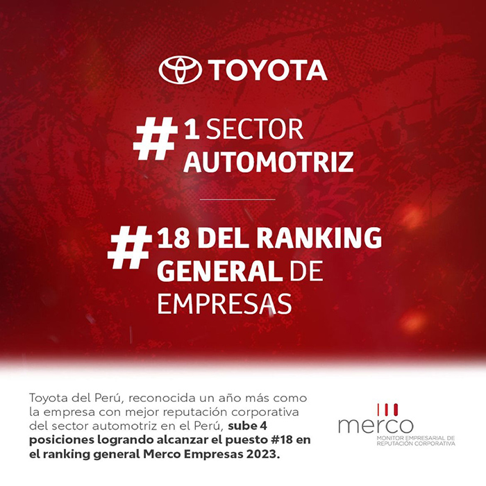 Toyota del Perú se consolida como líder del sector automotriz y alcanza el puesto 18 en el ranking de empresas con mejor reputación